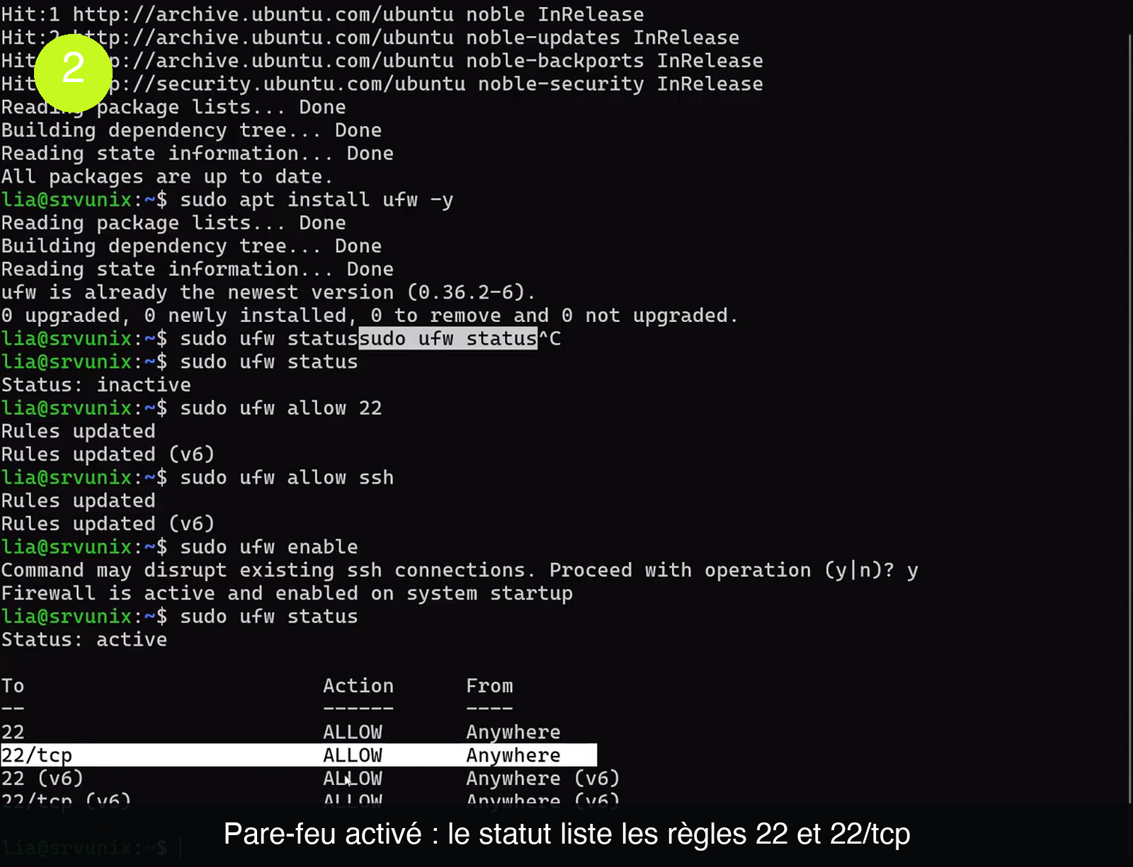 Terminal montrant sudo ufw allow 22, sudo ufw allow ssh, puis sudo ufw enable avec le message « Command may disrupt existing ssh connections. Proceed with operation (y|n)? y » et « Firewall is active and enabled on system startup », suivi du tableau de statut avec les lignes 22 et 22/tcp en ALLOW Anywhere