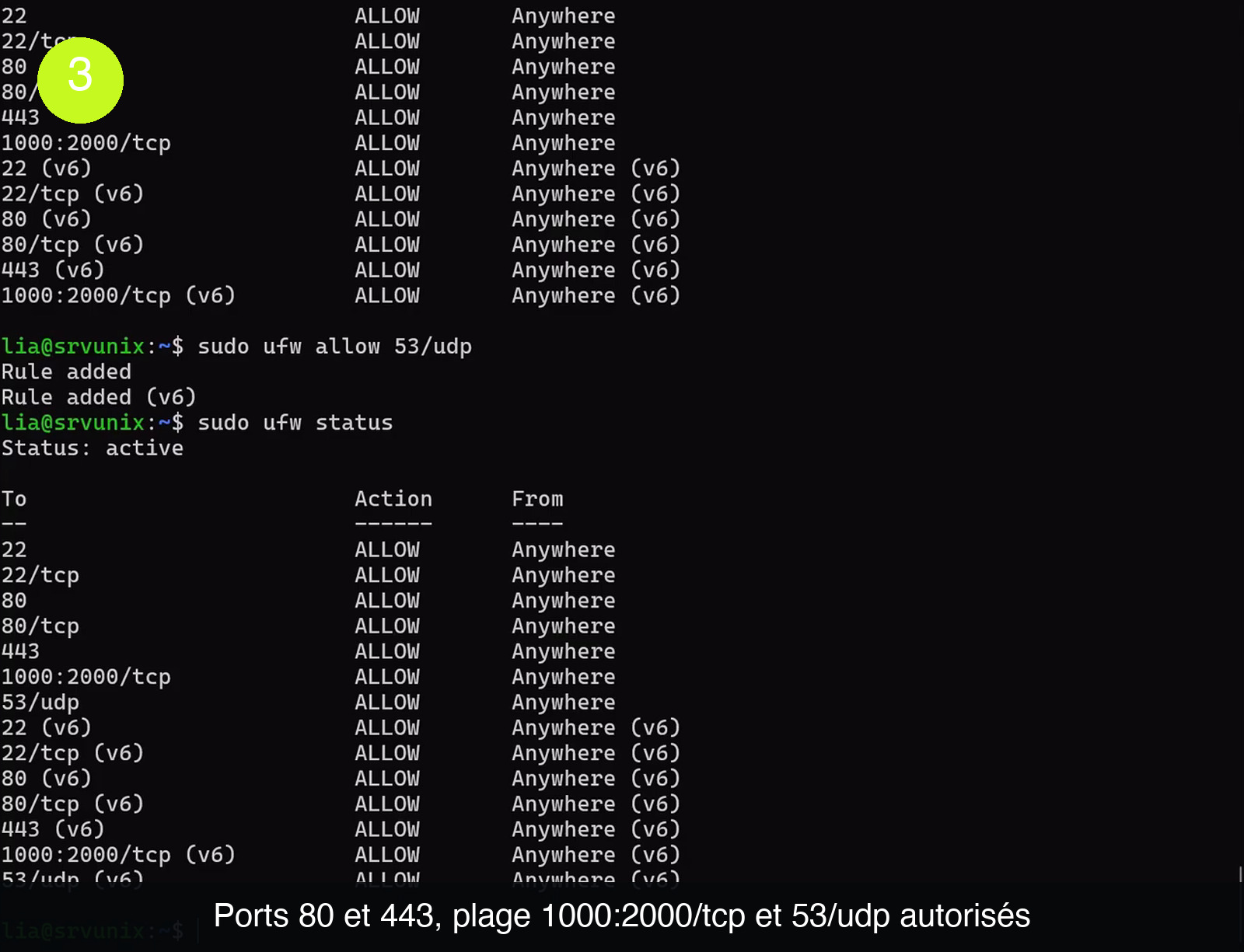 Tableau de statut UFW listant les règles 22, 22/tcp, 80, 80/tcp, 443 et 1000:2000/tcp en ALLOW Anywhere, suivi de la commande sudo ufw allow 53/udp et du nouveau statut incluant la ligne 53/udp, chaque règle étant doublée en version (v6)