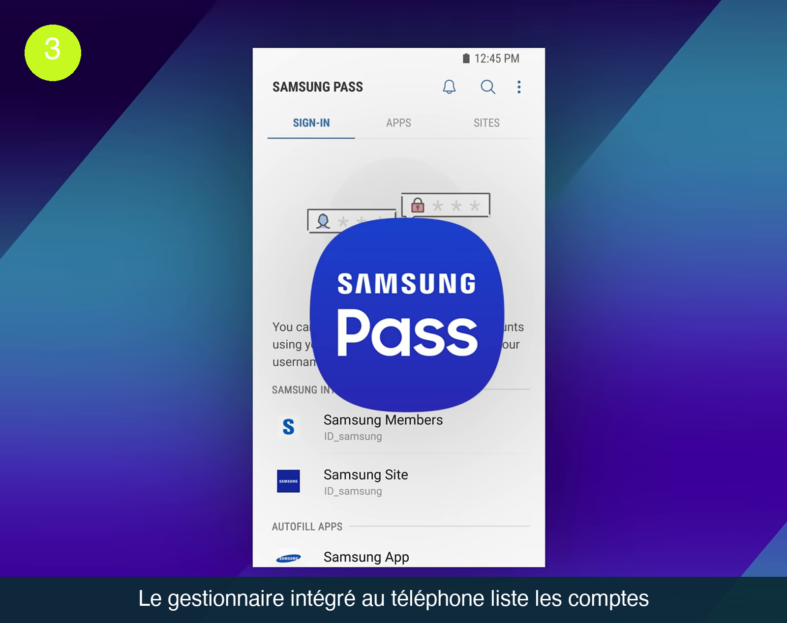 Interface Samsung Pass sur un téléphone Android, avec les onglets Sign-in, Apps et Sites, et la liste des comptes enregistrés dont Samsung Members et Samsung Site