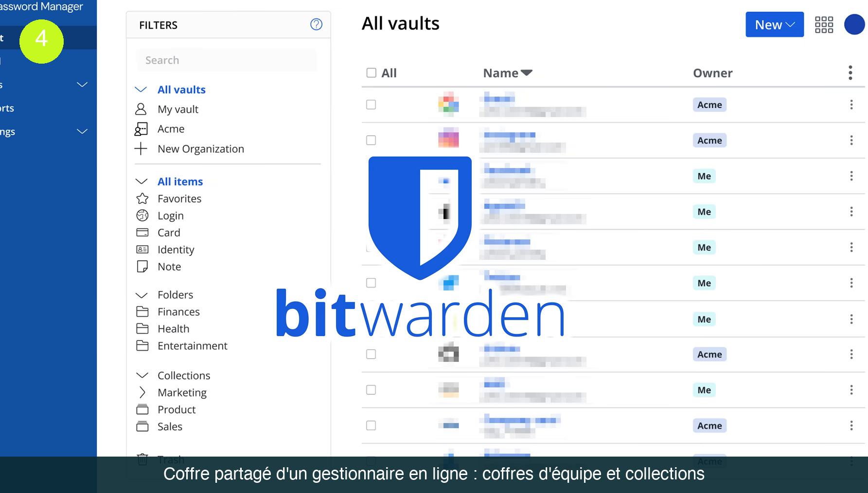 Coffre d’un gestionnaire de mots de passe en ligne affichant la vue « All vaults », un panneau de filtres avec My vault, l’organisation Acme et les collections Marketing, Product et Sales, et une liste d’identifiants dont la colonne Owner indique Acme ou Me