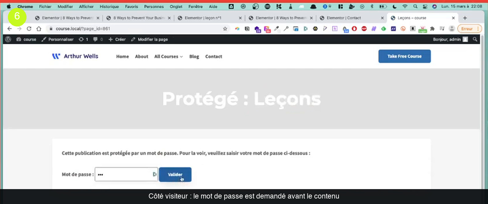 Page publique d’un site WordPress affichant le titre « Protégé : Leçons » puis le message « Cette publication est protégée par un mot de passe. Pour la voir, veuillez saisir votre mot de passe ci-dessous : » avec un champ rempli et un bouton Valider