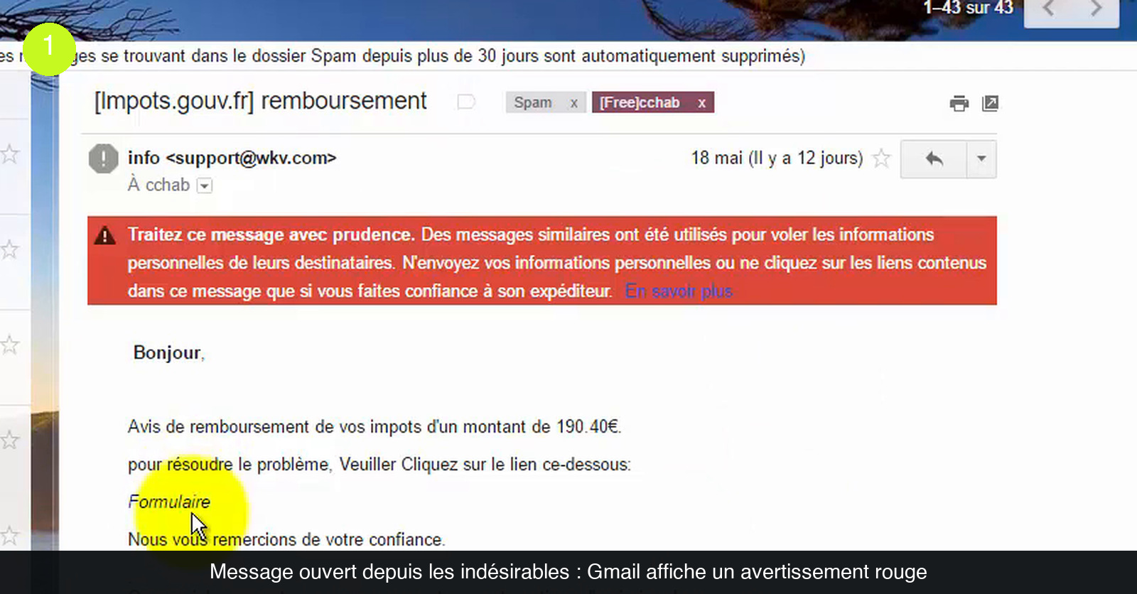 Message intitulé [Impots.gouv.fr] remboursement ouvert dans le dossier Spam de Gmail, avec un bandeau rouge « Traitez ce message avec prudence » au-dessus du texte annonçant un remboursement de 190,40 € et un lien « Formulaire »