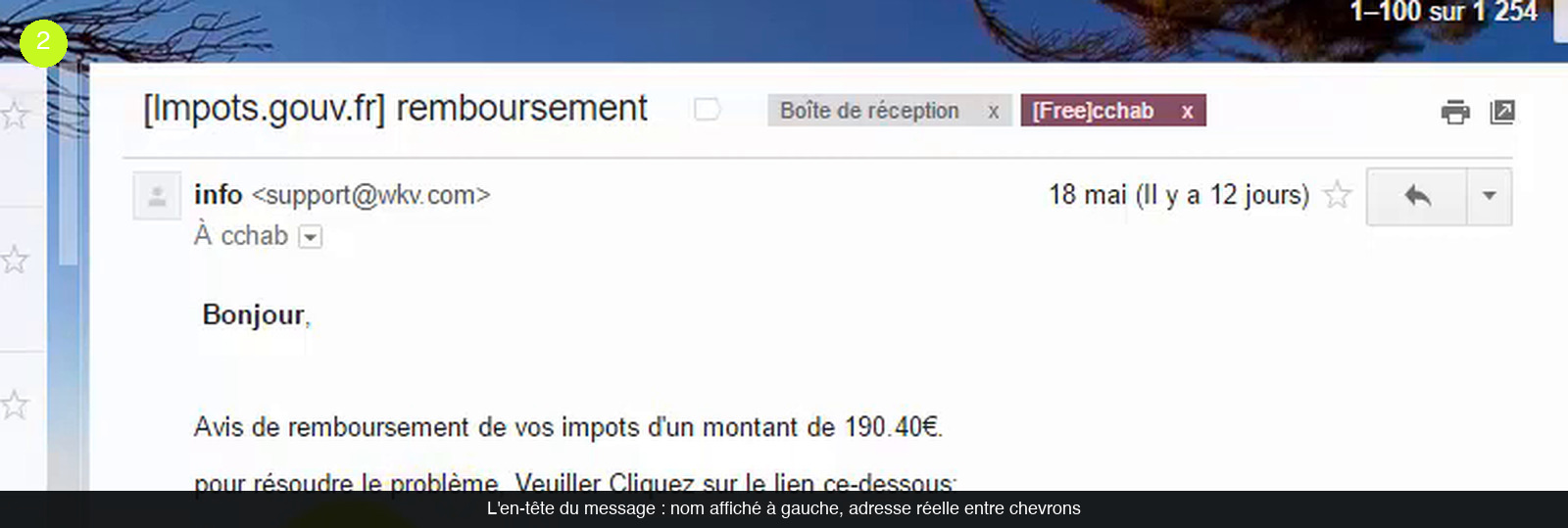En-tête d’un message Gmail : objet « [Impots.gouv.fr] remboursement », expéditeur affiché « info » suivi de l’adresse réelle support@wkv.com entre chevrons, daté du 18 mai