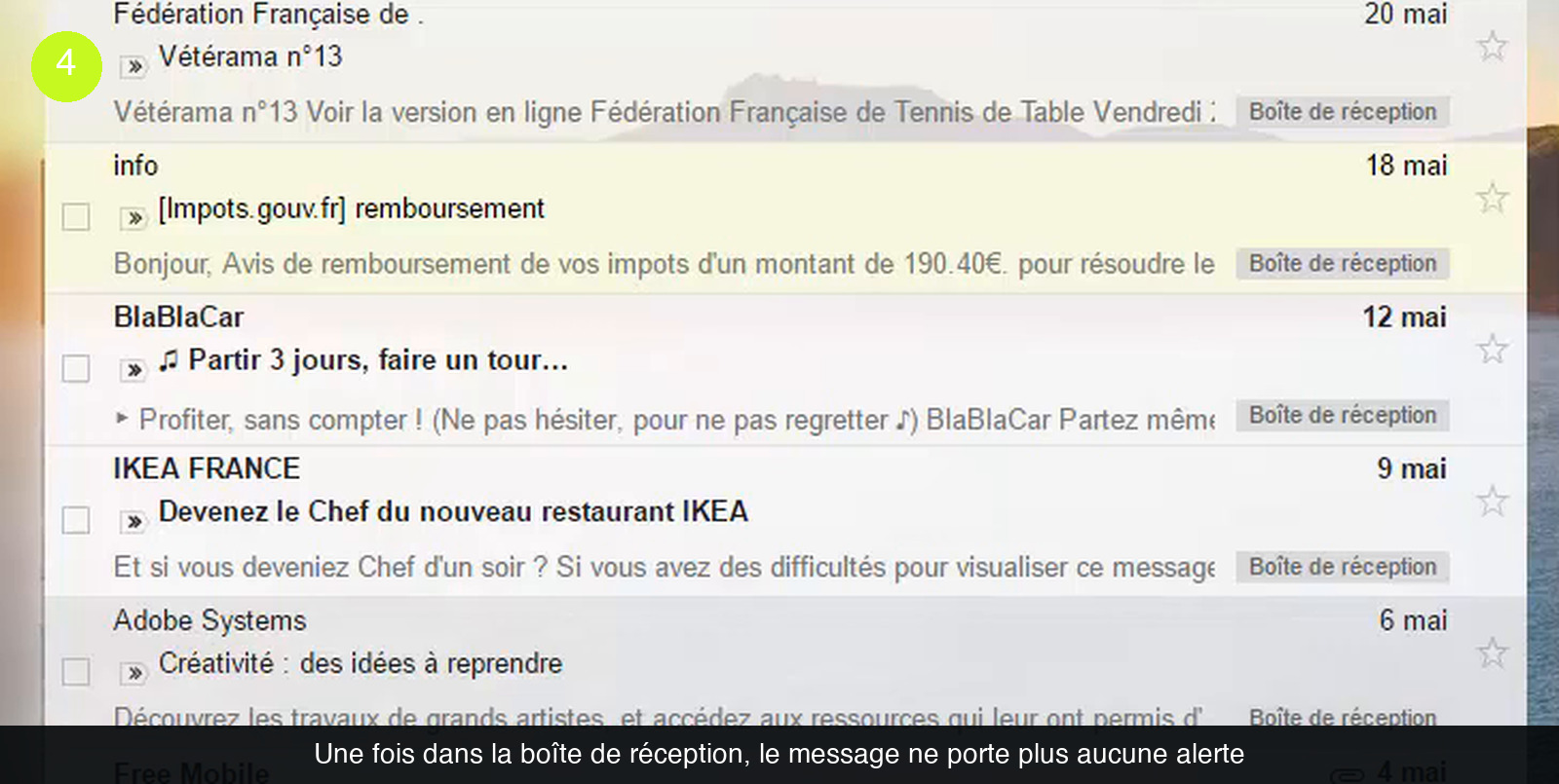 Liste de messages Gmail dans laquelle le message « [Impots.gouv.fr] remboursement » apparaît entre une newsletter de fédération sportive et une offre BlaBlaCar, avec l’étiquette Boîte de réception