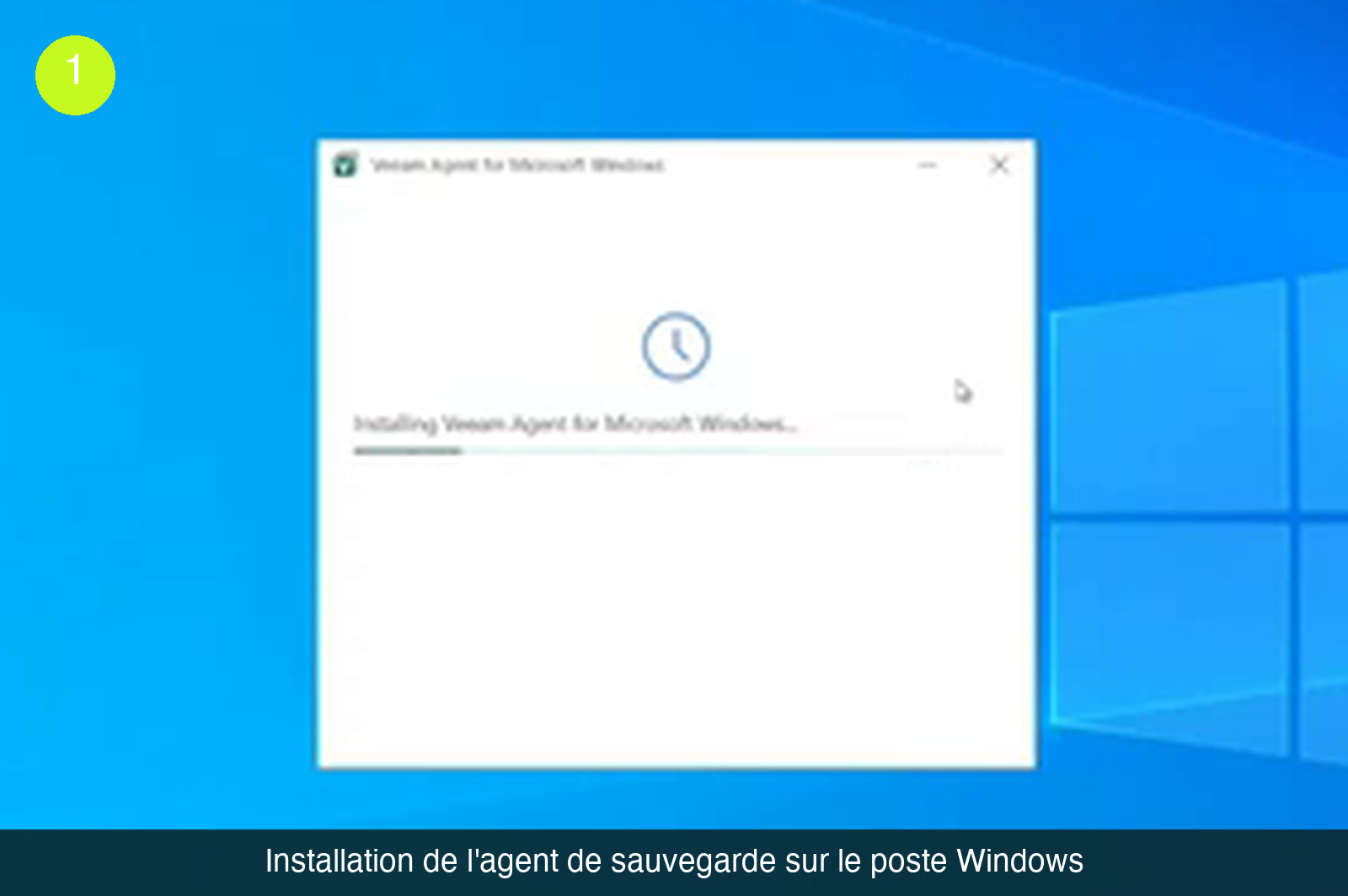 Fenêtre d’installation de Veeam Agent for Microsoft Windows sur un bureau Windows 10, avec une barre de progression et le message « Installing Veeam Agent for Microsoft Windows »