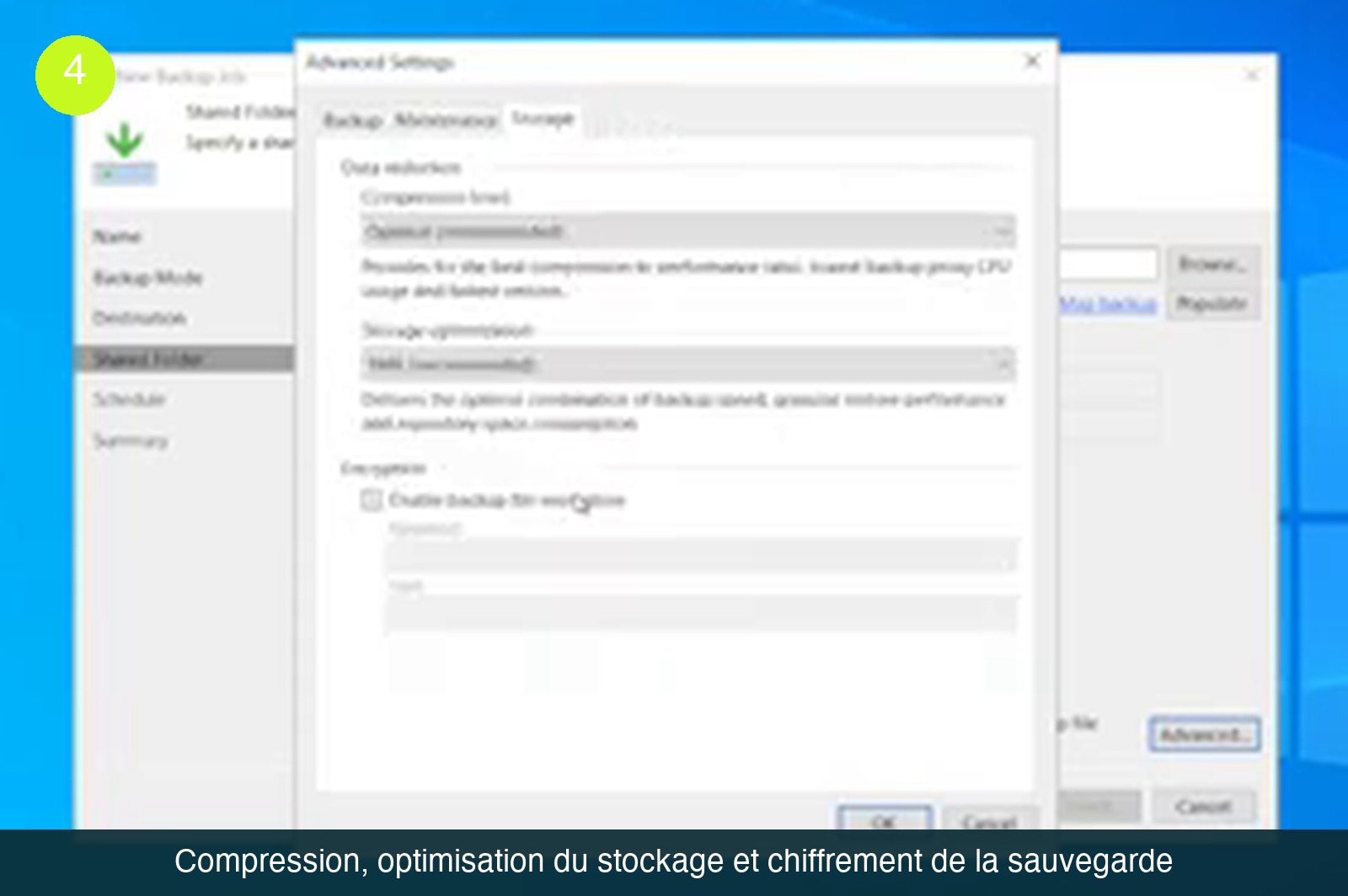 Fenêtre Advanced Settings, onglet Storage : niveau de compression Optimal, optimisation du stockage et section Encryption avec la case « Enable backup file encryption » et les champs mot de passe