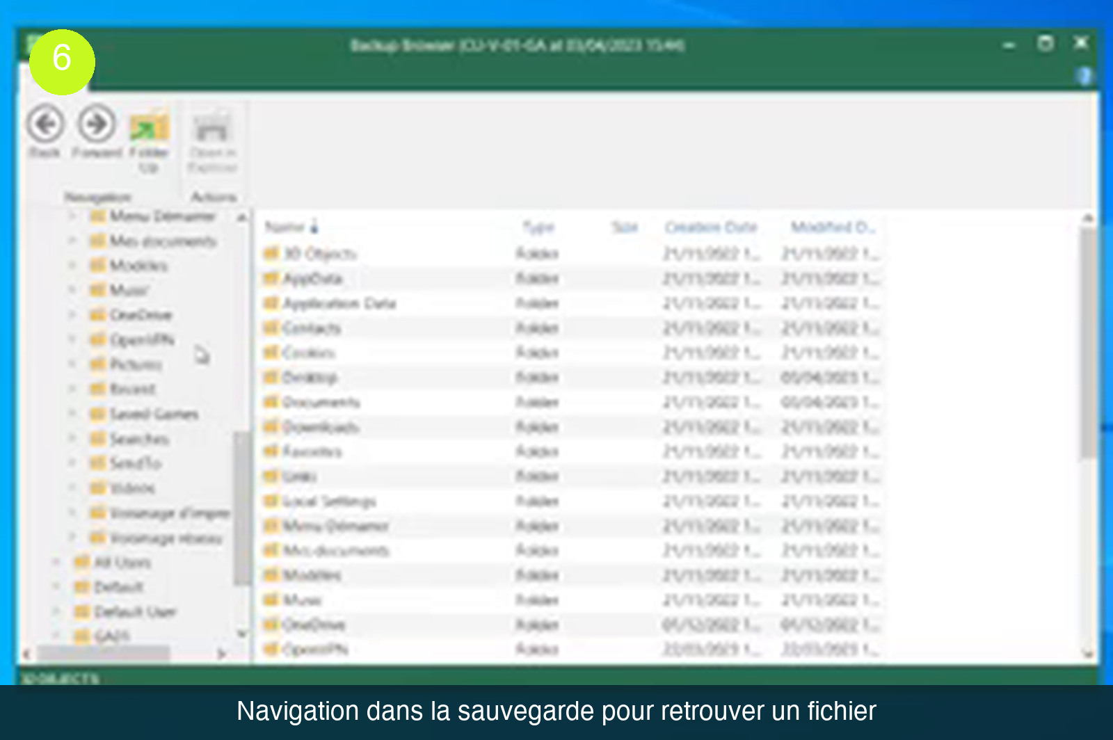 Fenêtre Backup Browser affichant l’arborescence d’un profil utilisateur sauvegardé, avec les dossiers Desktop, Documents, Downloads et leurs dates de création et de modification
