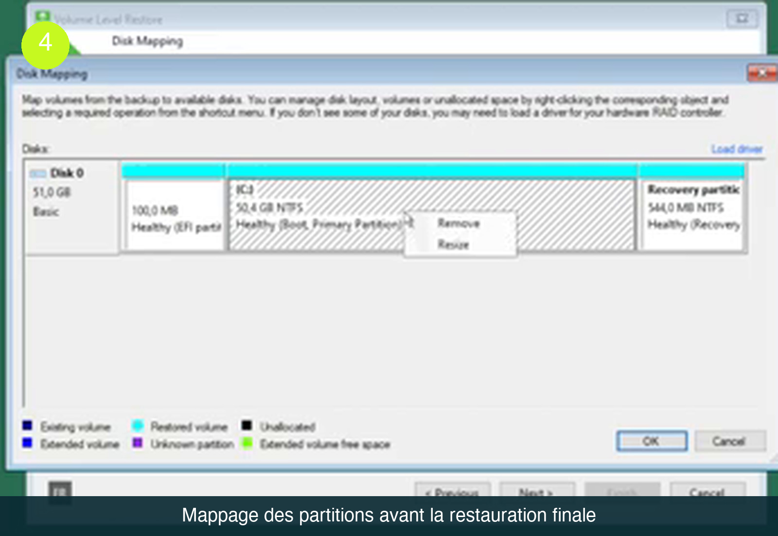 Fenêtre Disk Mapping montrant le Disk 0 de 51 Go avec la partition EFI de 100 Mo, le volume C: de 50,4 Go NTFS et une partition Recovery, ainsi qu’un menu contextuel proposant Remove et Resize
