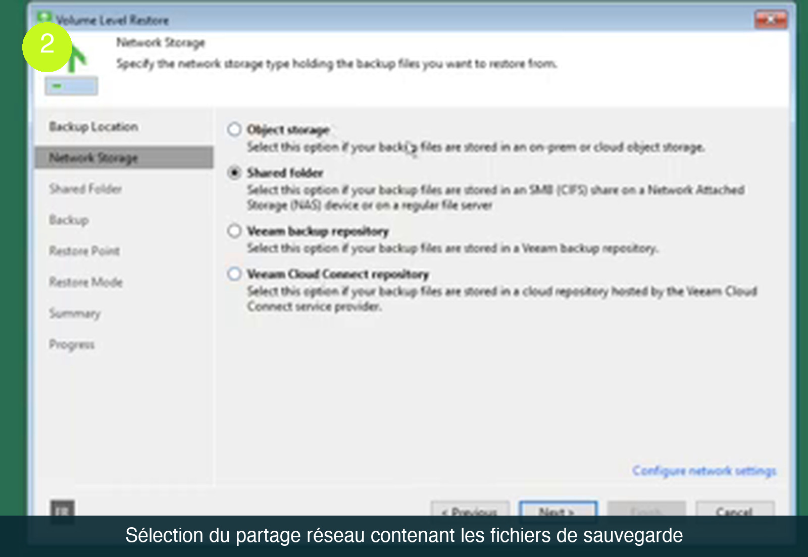 Écran Network Storage de l’assistant de restauration : options Object storage, Shared folder sélectionnée, Veeam backup repository et Veeam Cloud Connect repository, avec le lien Configure network settings