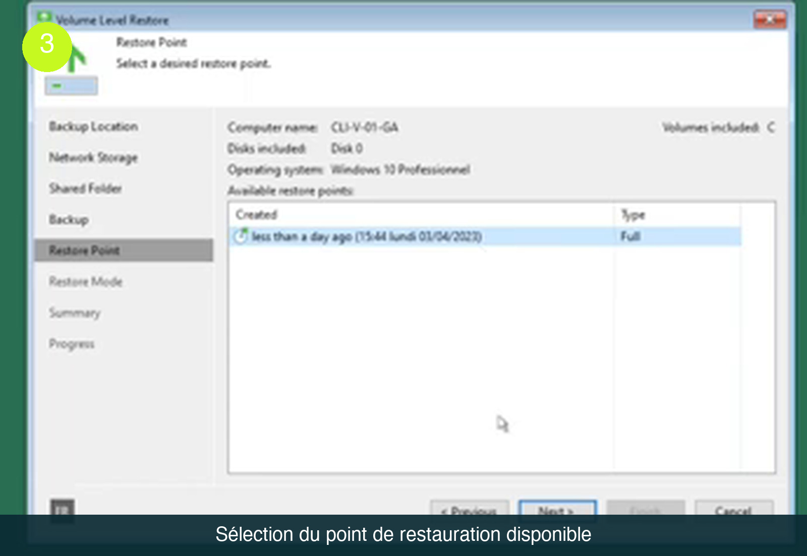 Écran Restore Point affichant le nom de la machine CLI-V-01-GA, le système Windows 10 Professionnel, le disque inclus et un point de restauration de type Full daté du 03/04/2023